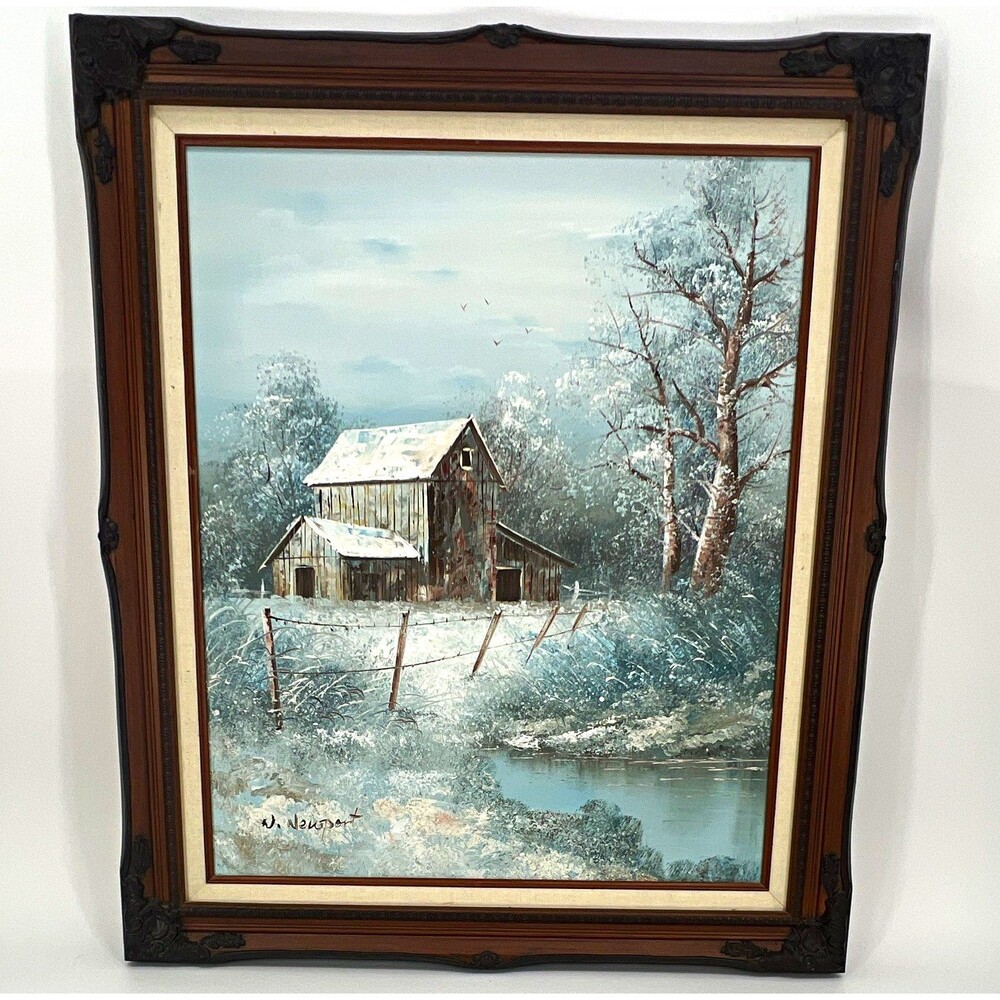 J. Newhart Signed Matted Framed Winter Barn River Landscape Realism 24x30
